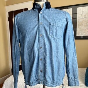 Sacai Sz. 2 (Men S/Women M) Blue Denim Shirt Jacket, Black Velvet Collar Japan